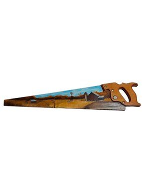 Country Barn Windmill Painted Hand Saw Tool Signed Painting Folk Wall Art 30"